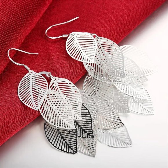 Gorgeous Hanging Leaf's .925 Sterling Silver 3 Inch Hypoallergenic Hook Earrings - Picture 2 of 7